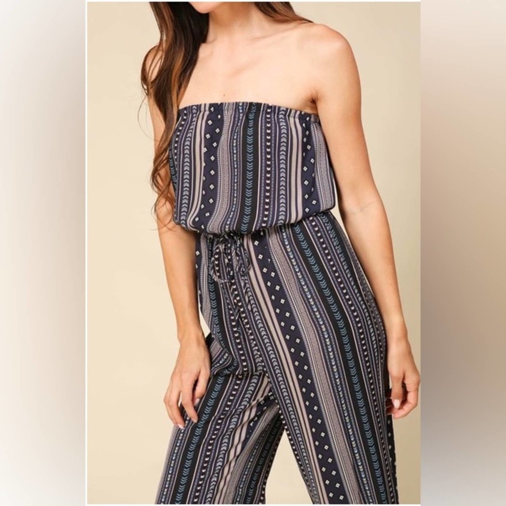 Timing Boho Strapless Wide Leg Jumpsuit Navy Blue Size Small